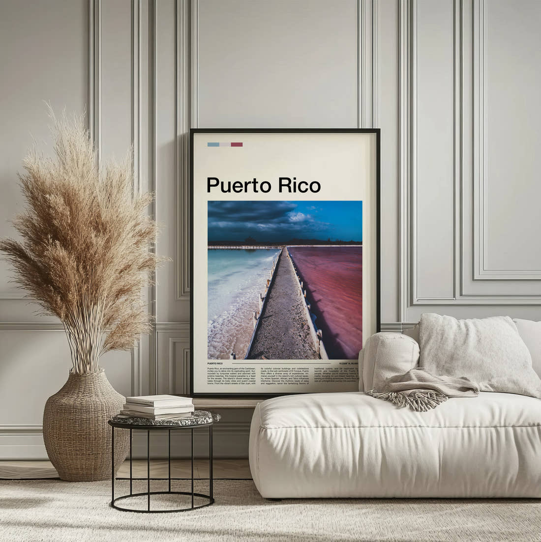 Puerto Rico Pink Water And Breakwater Travel Print framed on the wall of a calm, neutral bedroom