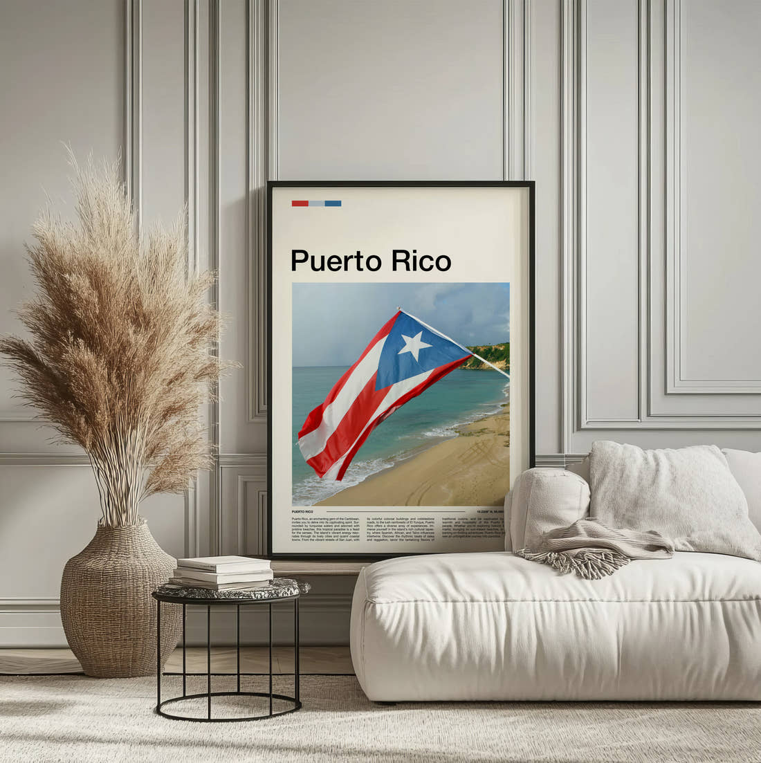 Puerto Rico National Flag Travel Print framed on the wall of a calm, neutral bedroom