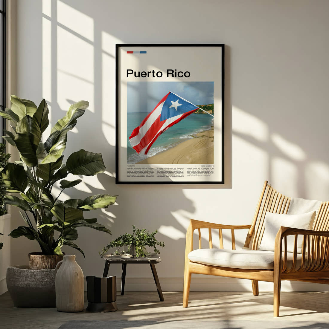 Puerto Rico National Flag Travel Print framed on a pale wall beside houseplants