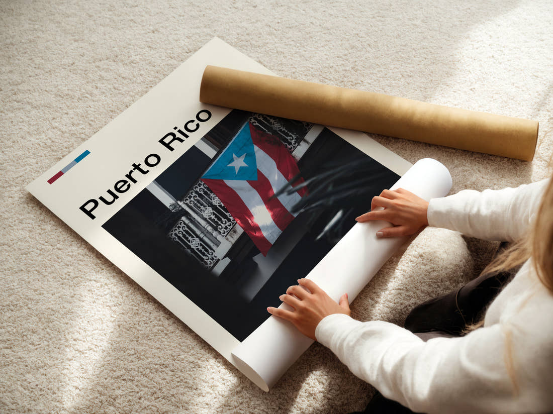Puerto Rico Flag On Balcony Travel Print being unrolled from its postal tube