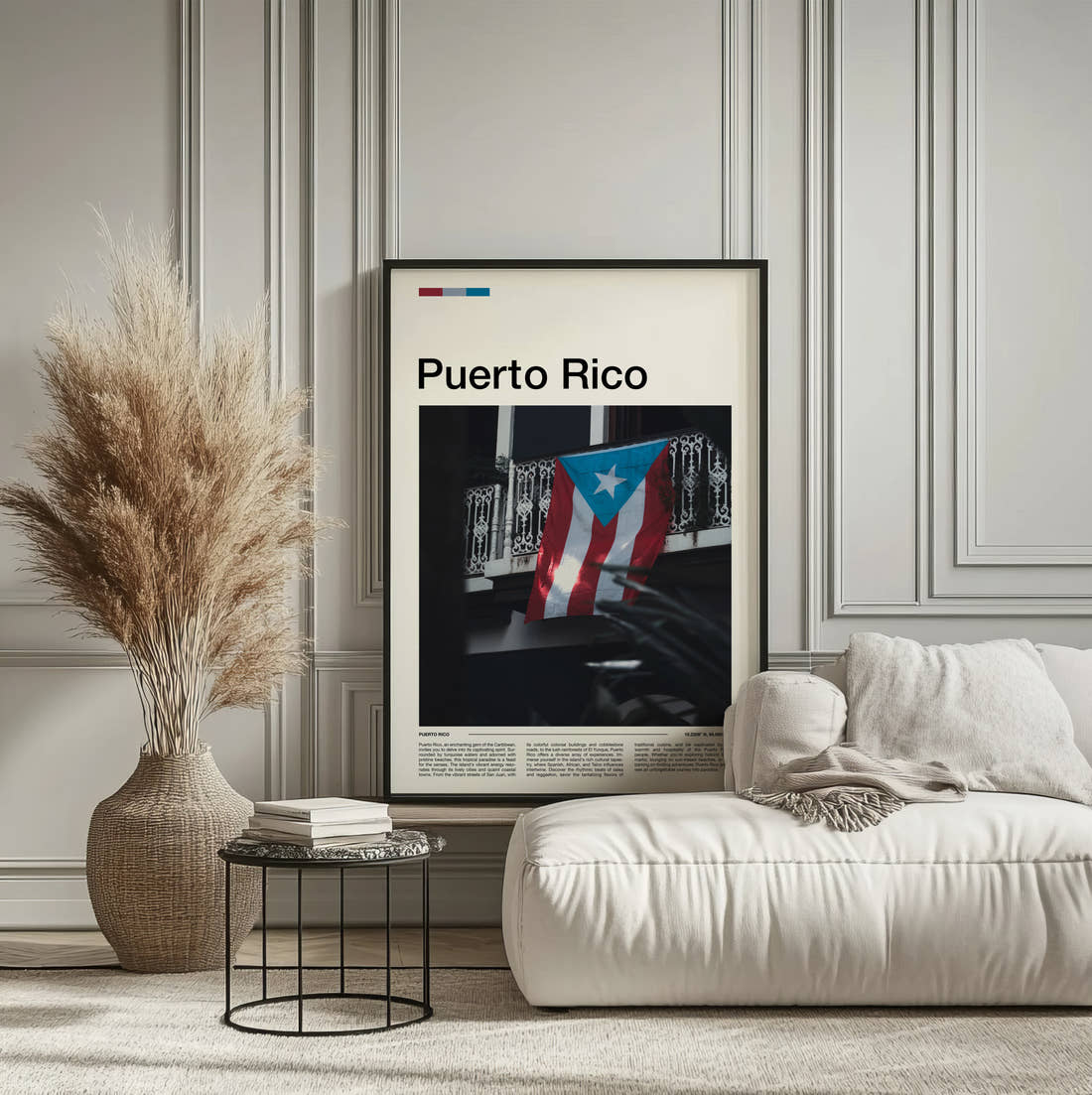 Puerto Rico Flag On Balcony Travel Print framed on the wall of a calm, neutral bedroom