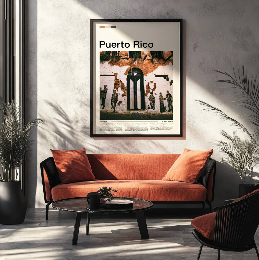Puerto Rico Flag Mural Travel Print framed on the wall of a modern living room