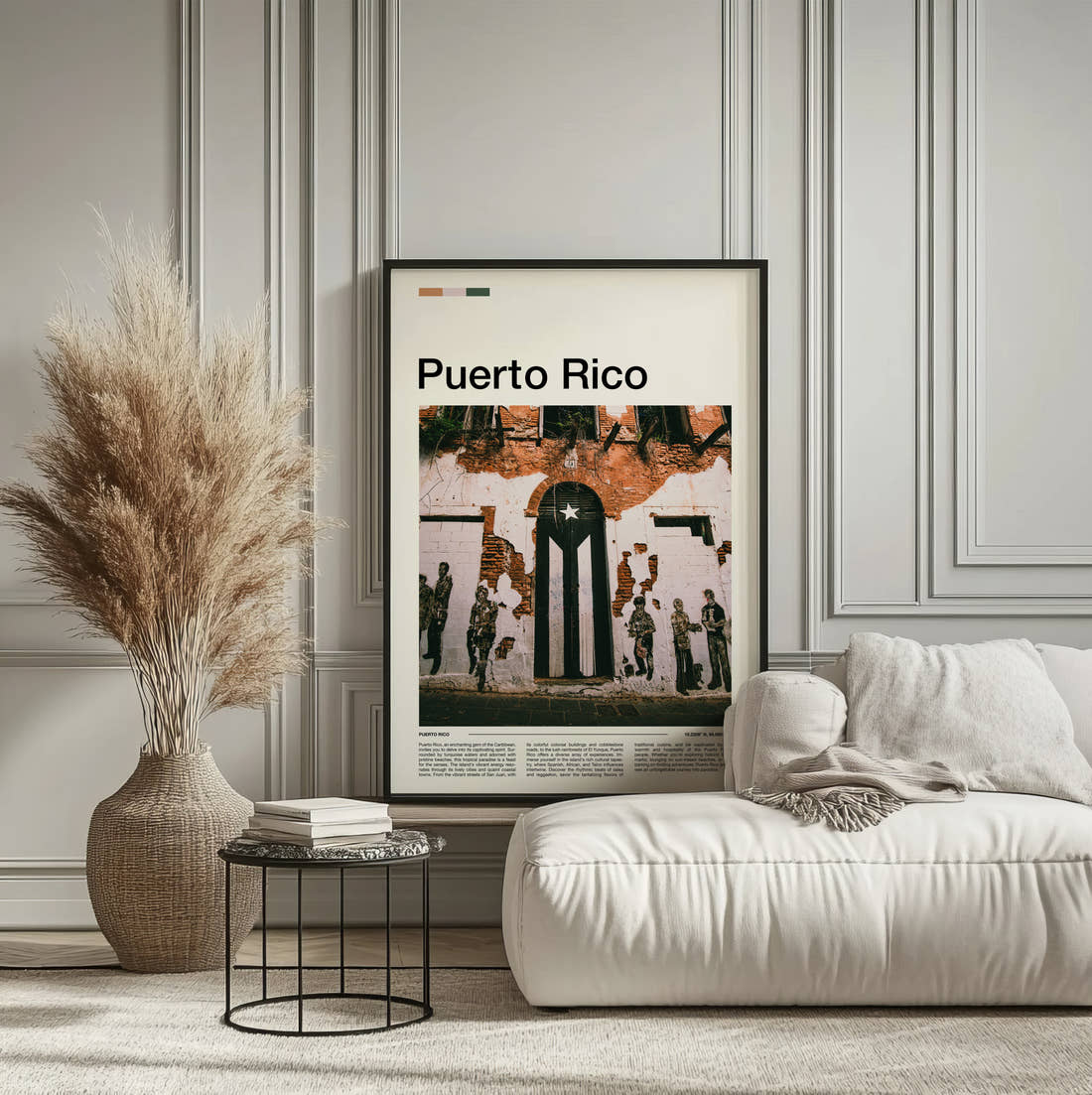 Puerto Rico Flag Mural Travel Print framed on the wall of a calm, neutral bedroom