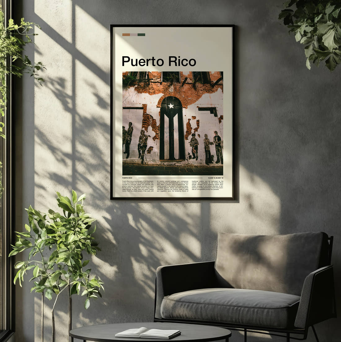 Puerto Rico Flag Mural Travel Print framed on the wall of a relaxed living room