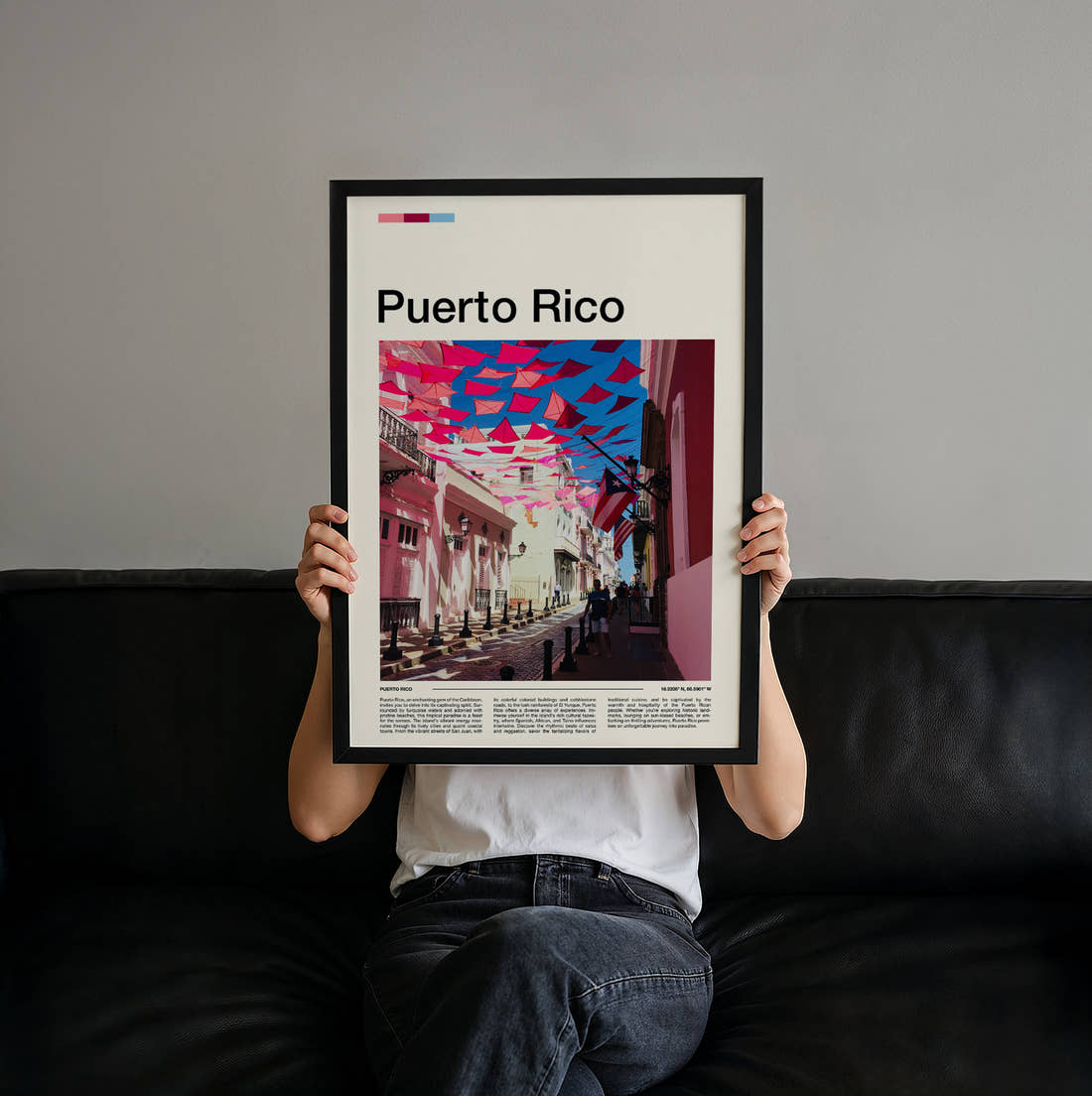 Puerto Rico Pink Street With Bunting Travel Print held up by hand to show the size of the print
