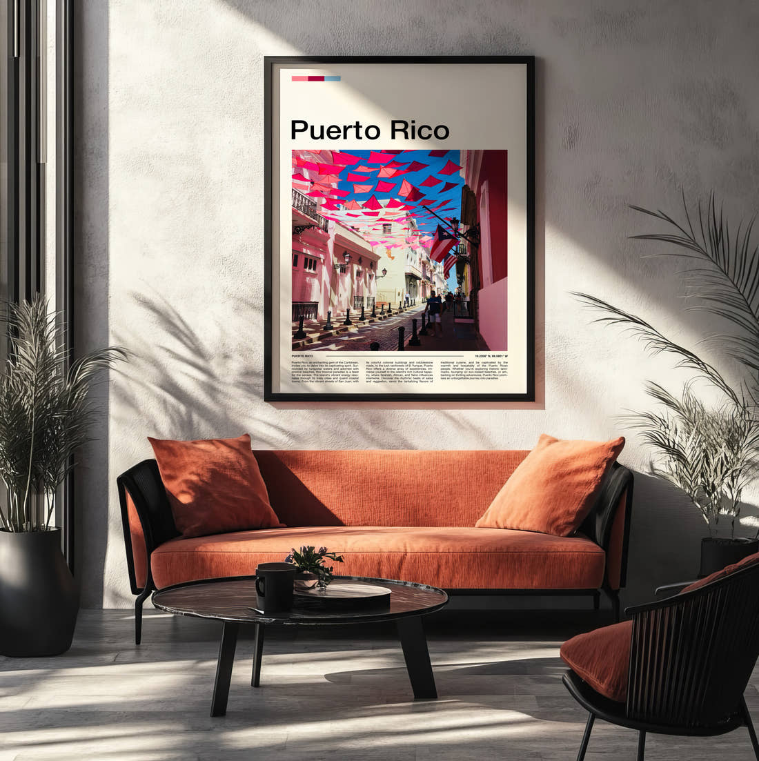 Puerto Rico Pink Street With Bunting Travel Print framed on the wall of a modern living room