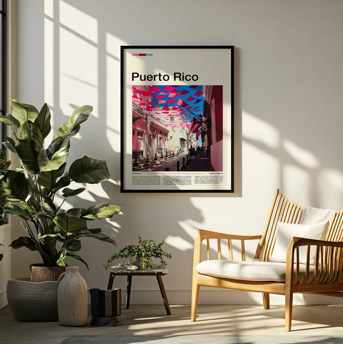 Puerto Rico Pink Street With Bunting Travel Print framed on a pale wall beside houseplants