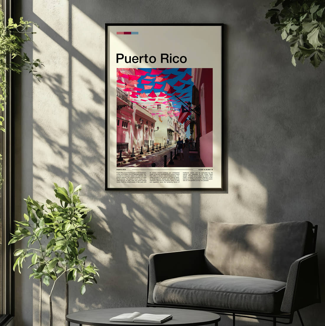 Puerto Rico Pink Street With Bunting Travel Print framed on the wall of a relaxed living room