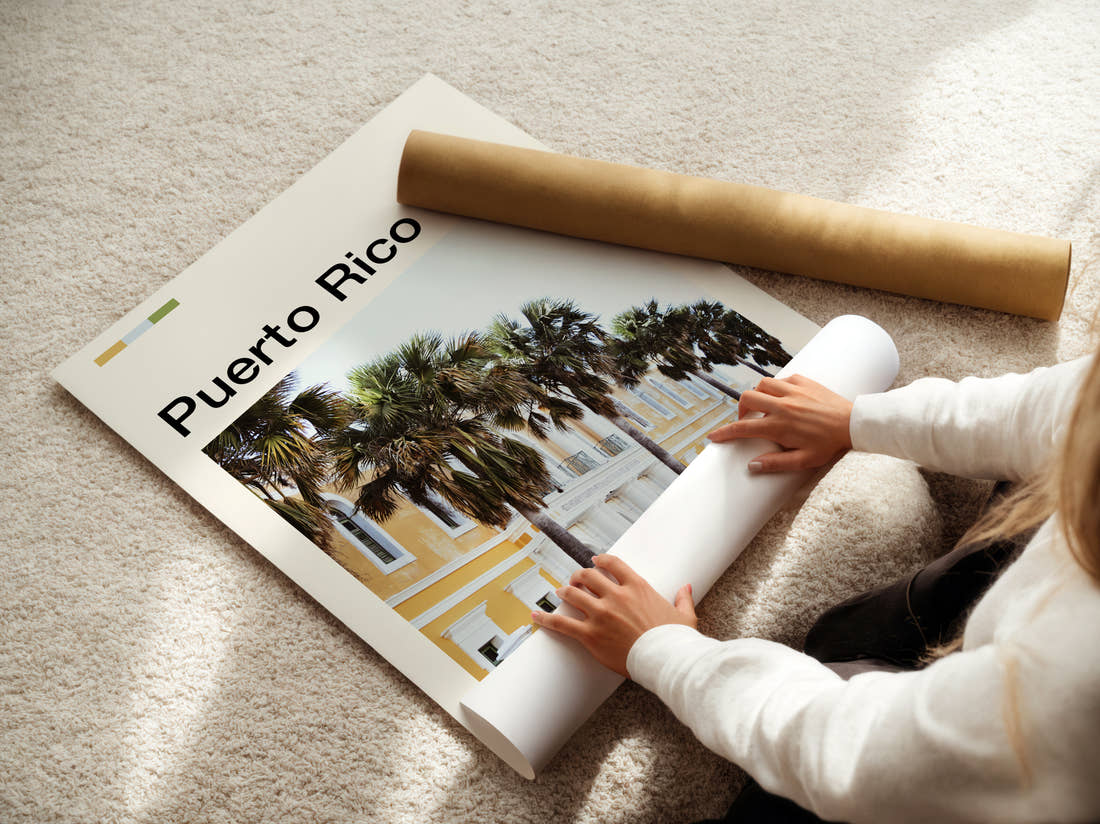 Puerto Rico Palm-Lined Street Travel Print being unrolled from its postal tube