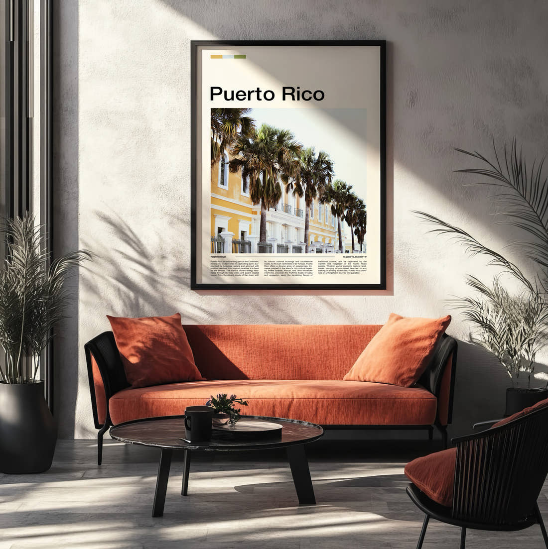 Puerto Rico Palm-Lined Street Travel Print framed on the wall of a modern living room