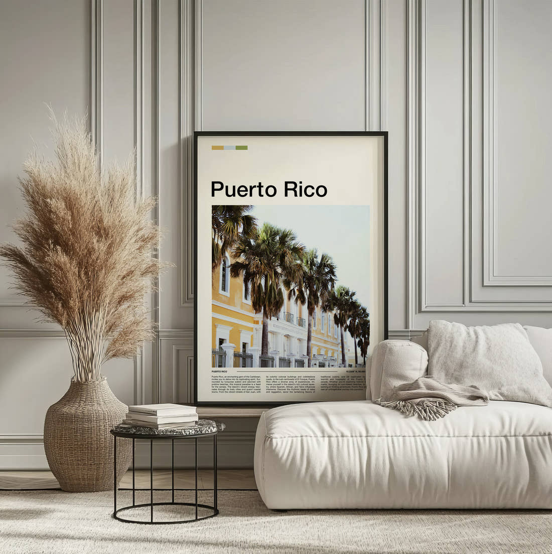 Puerto Rico Palm-Lined Street Travel Print framed on the wall of a calm, neutral bedroom