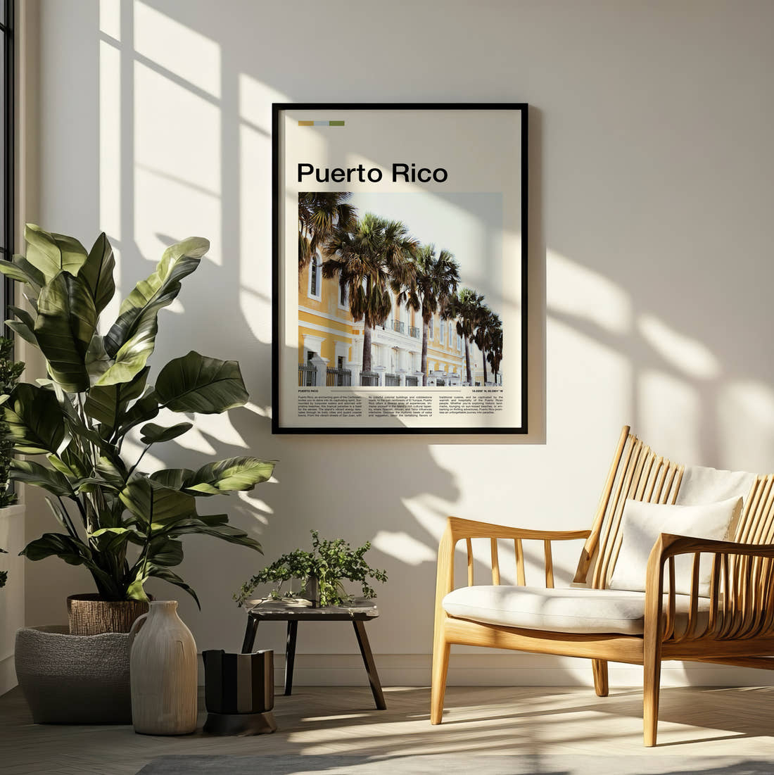 Puerto Rico Palm-Lined Street Travel Print framed on a pale wall beside houseplants