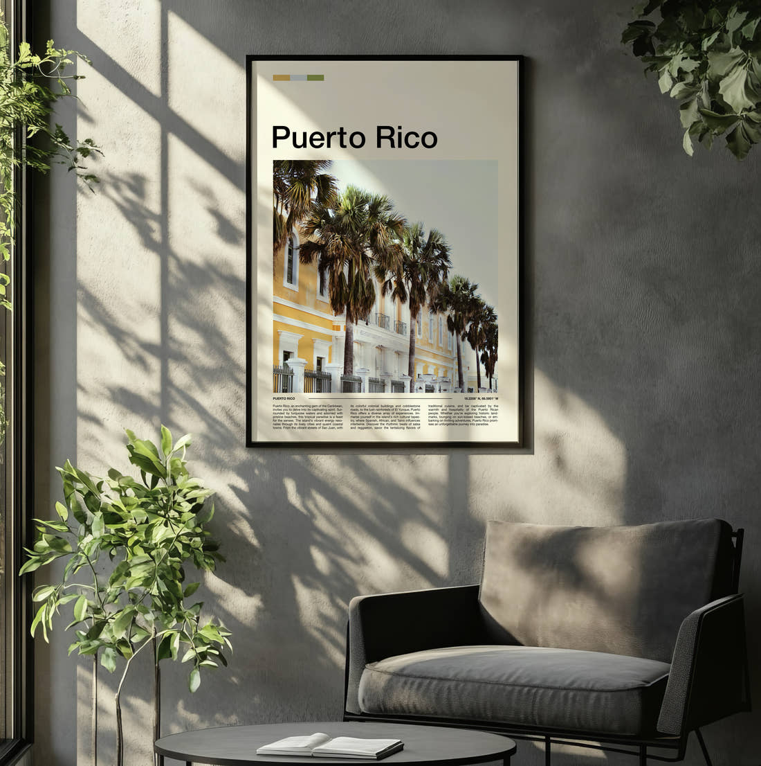 Puerto Rico Palm-Lined Street Travel Print framed on the wall of a relaxed living room