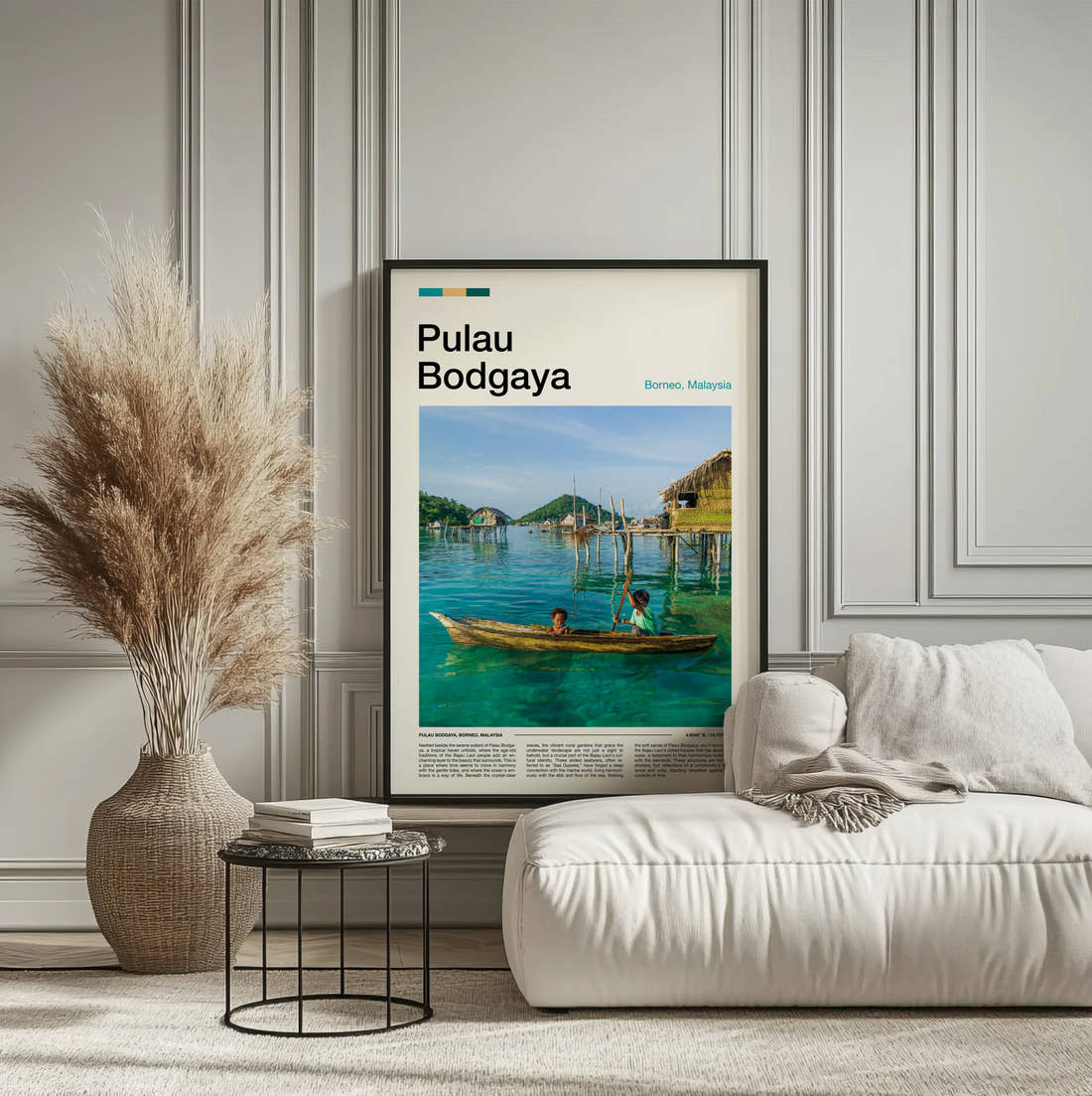 Pulau Stilt Houses Over Water Travel Print framed on the wall of a calm, neutral bedroom