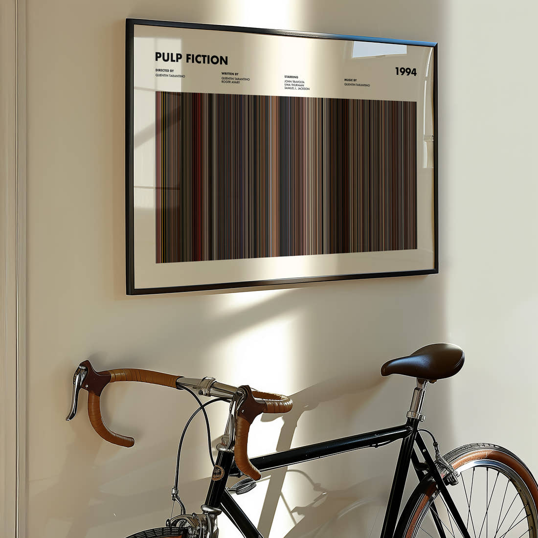 Pulp Fiction Movie Barcode Poster framed on the wall of a styled room setting