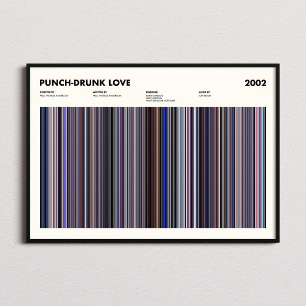 Punch-Drunk Love Movie Barcode Poster framed and photographed straight on