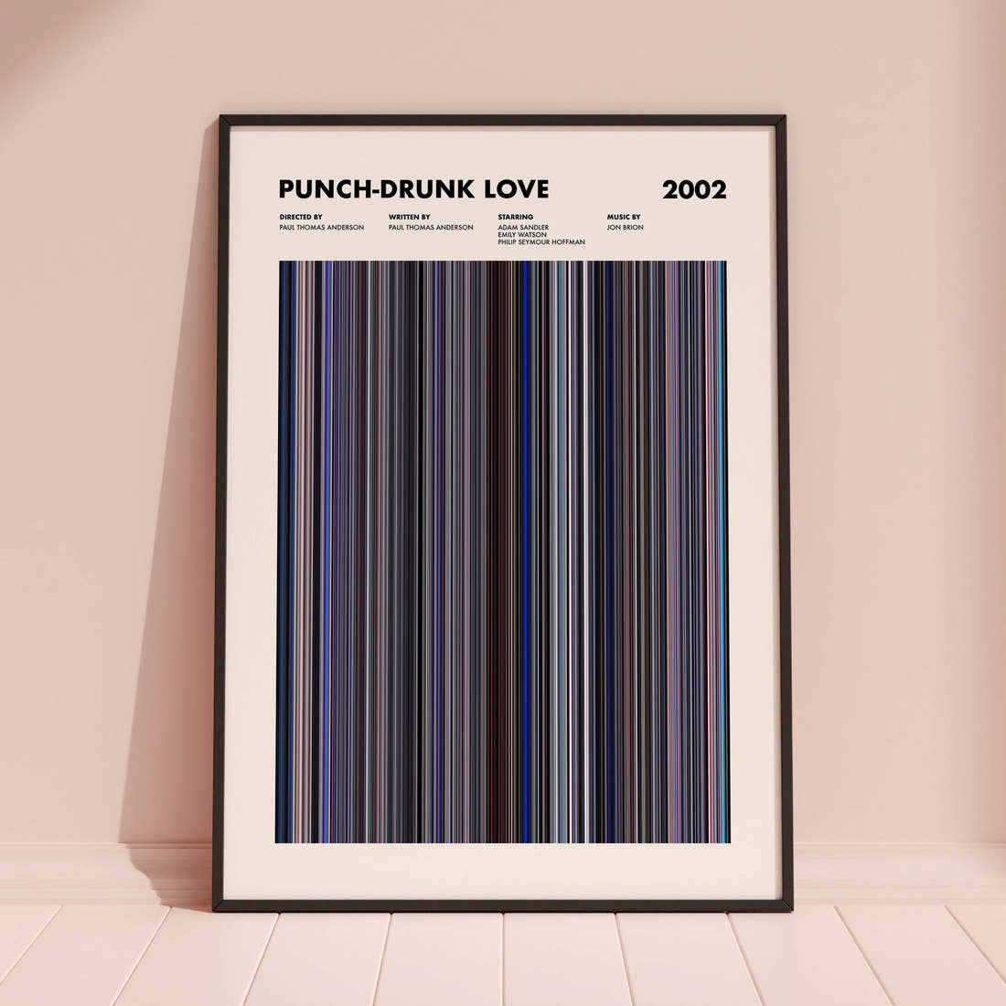Punch-Drunk Love Movie Barcode Poster framed and leaning against a coloured wall