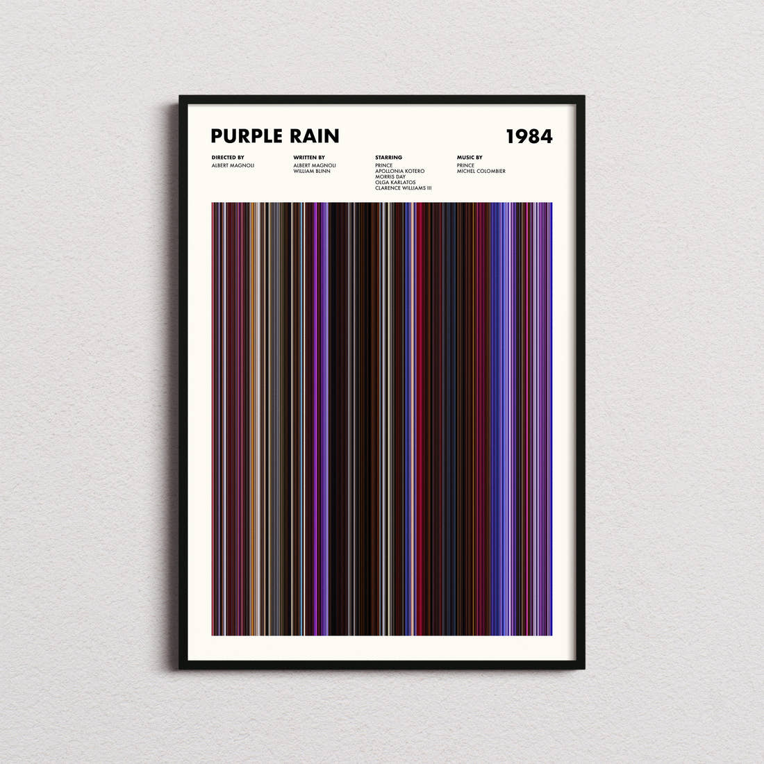 Purple Rain Movie Barcode Poster framed on a plain studio wall