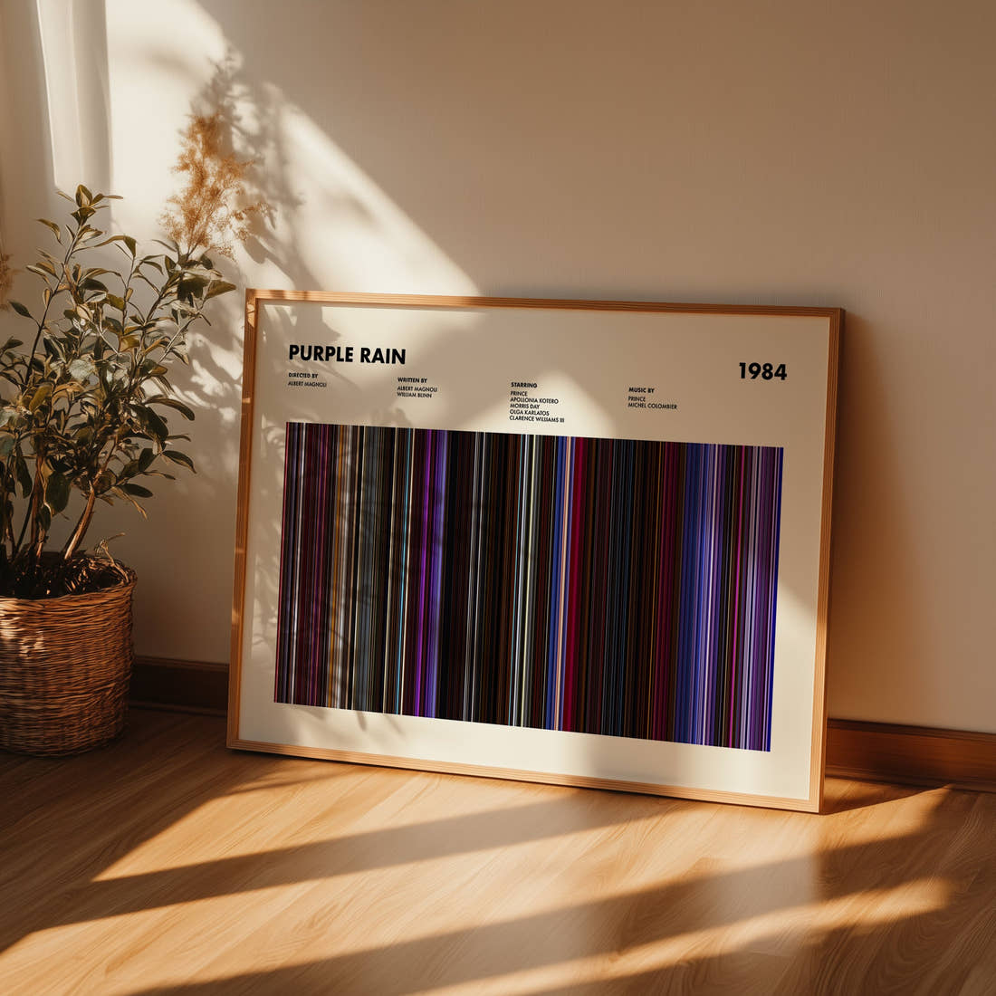Purple Rain Movie Barcode Poster framed and leaning against a wall on a wooden floor