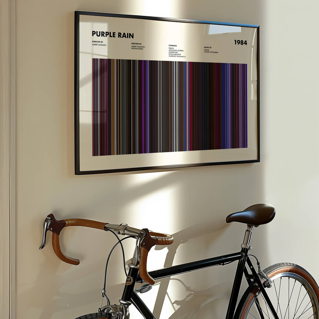 Purple Rain Movie Barcode Poster framed on the wall of a styled room setting