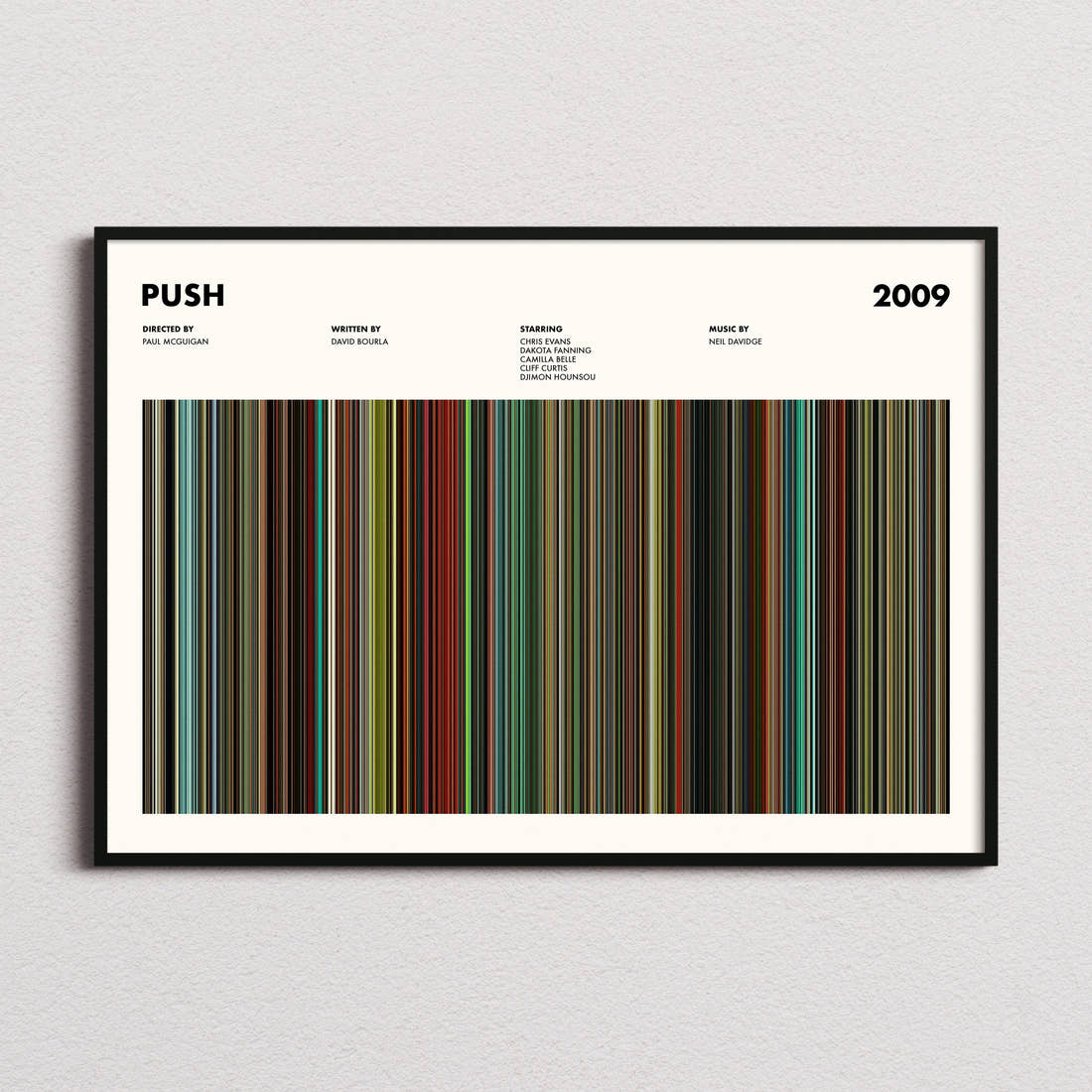Push Movie Barcode Poster framed and photographed straight on