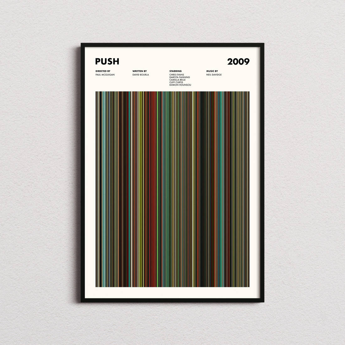 Push Movie Barcode Poster framed on a plain studio wall