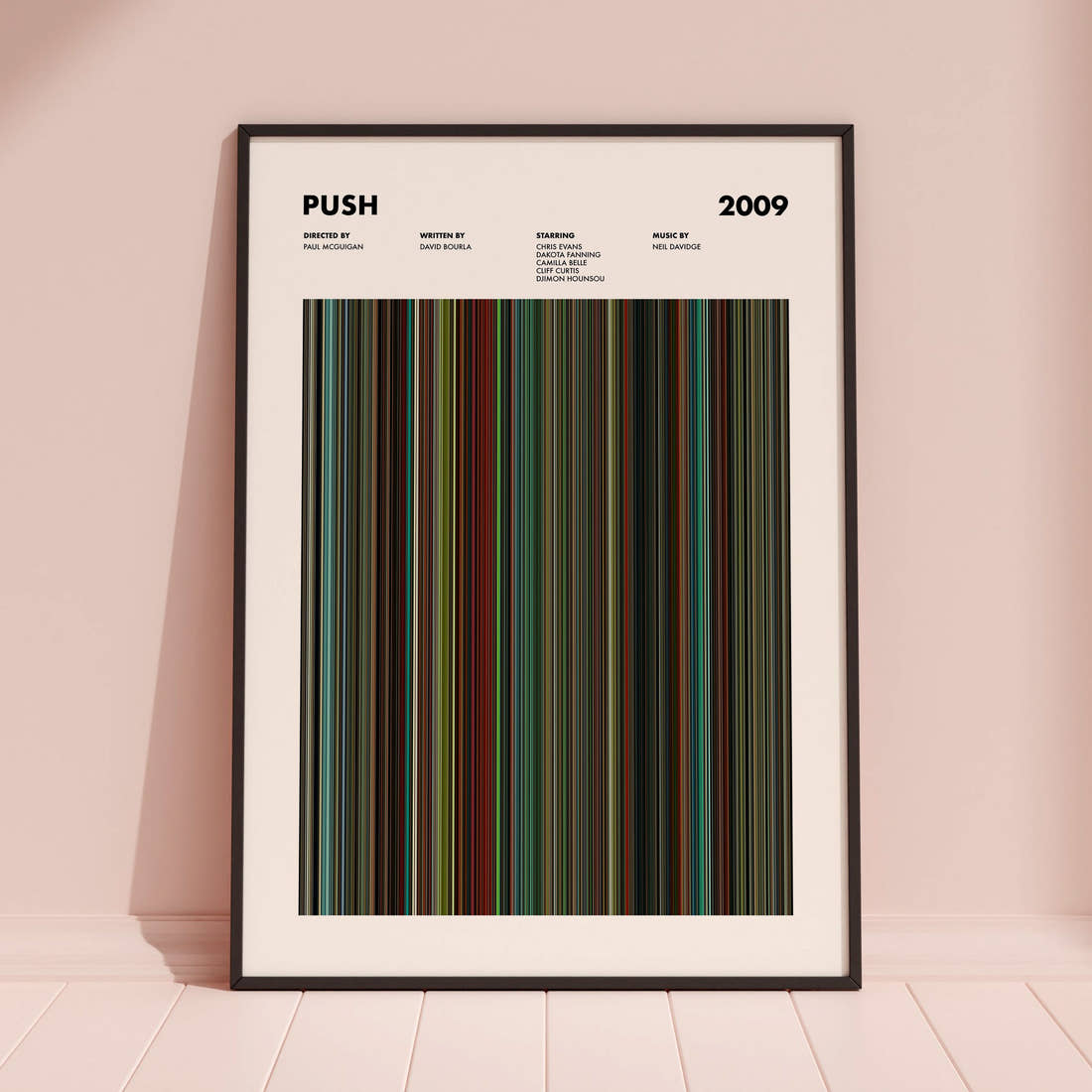Push Movie Barcode Poster framed and leaning against a coloured wall