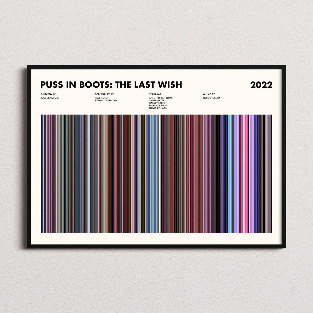 Puss in Boots: The Last Wish Movie Barcode Poster framed and photographed straight on