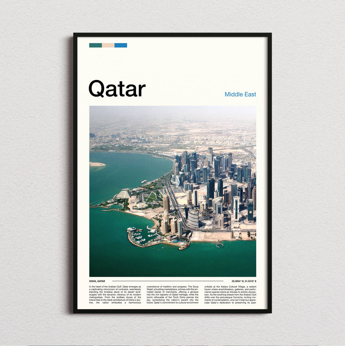 Qatar Aerial View Of Skyline Travel Print framed and photographed straight on