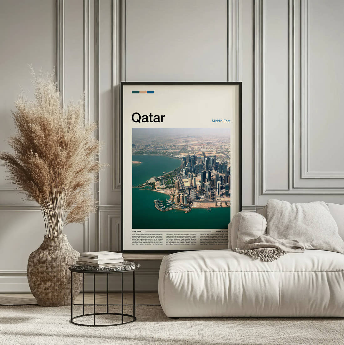 Qatar Aerial View Of Skyline Travel Print framed on the wall of a calm, neutral bedroom