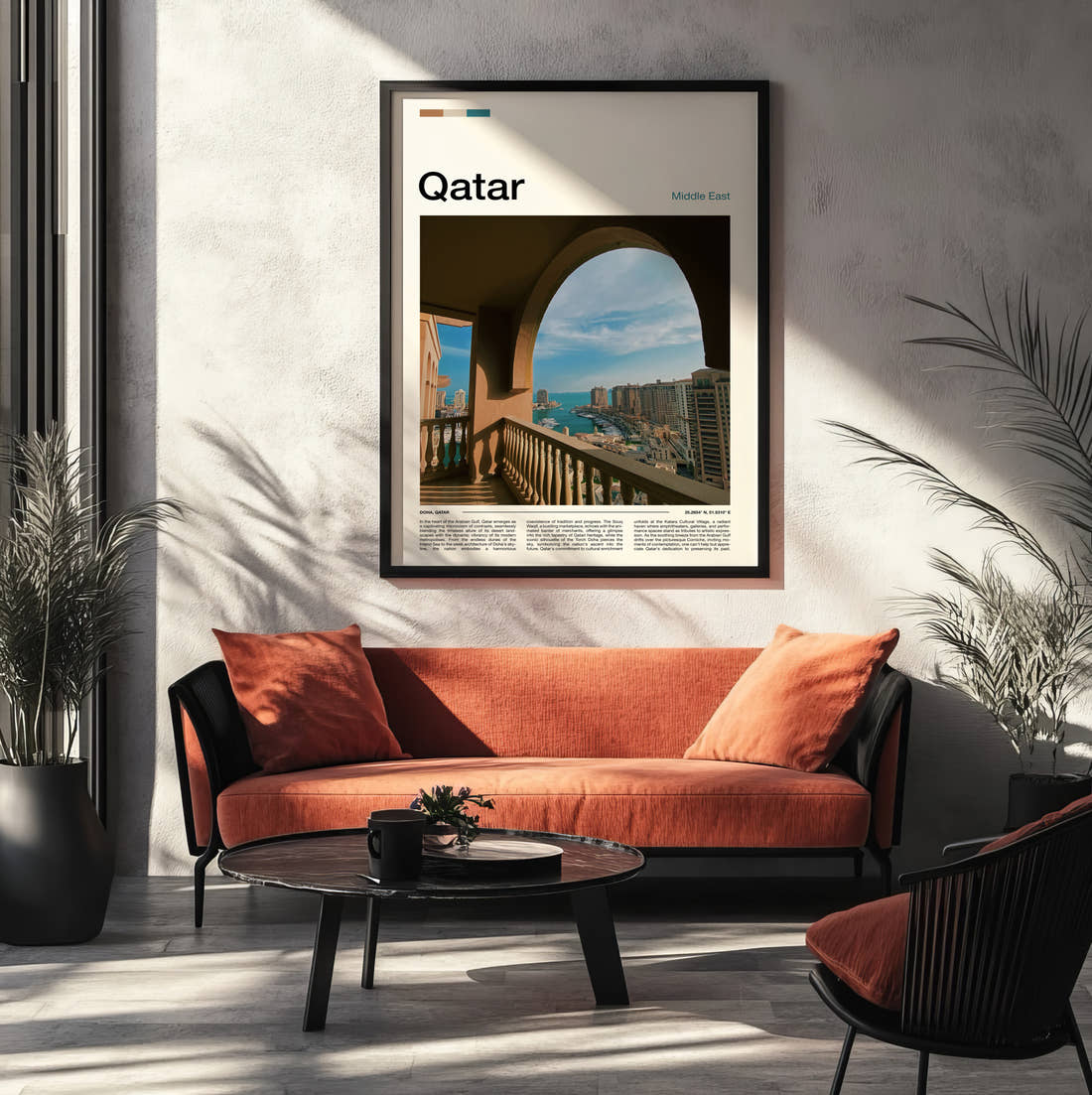 Qatar View From A Balcony Travel Print framed on the wall of a modern living room