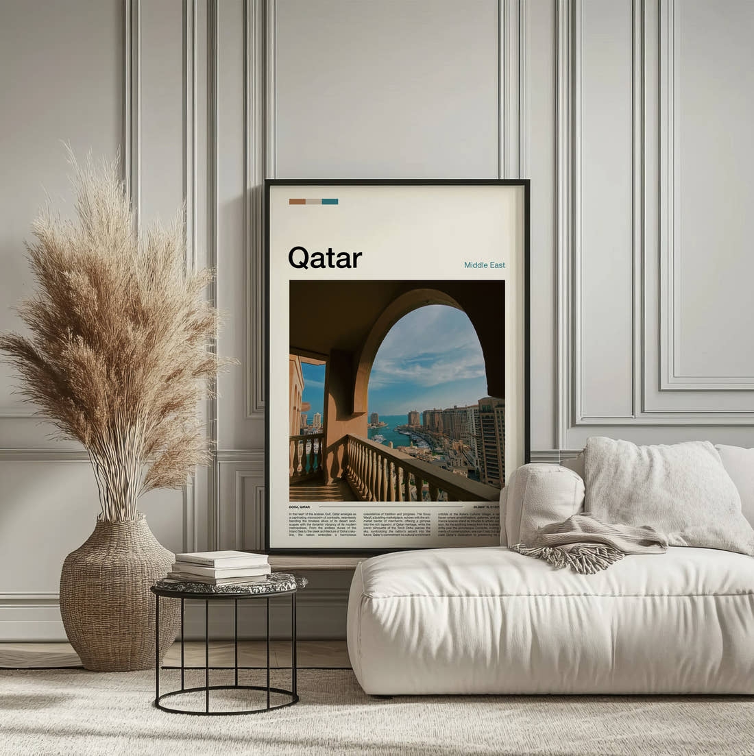 Qatar View From A Balcony Travel Print framed on the wall of a calm, neutral bedroom