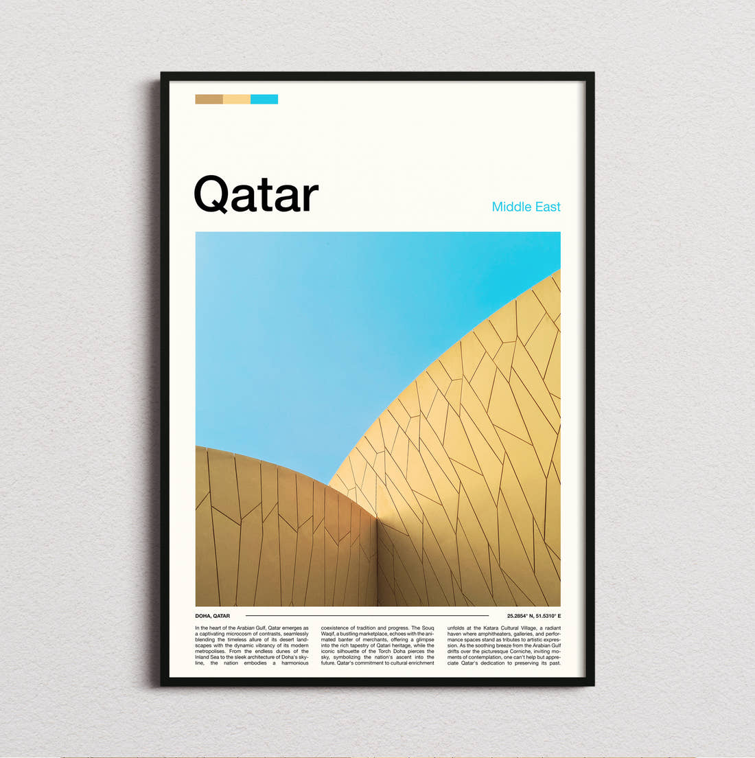 Qatar Curved Golden Facade Travel Print framed and photographed straight on