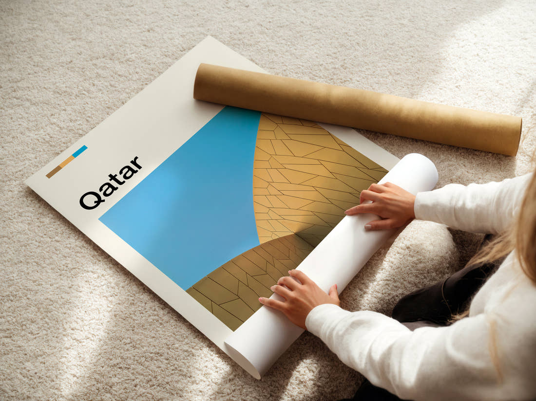 Qatar Curved Golden Facade Travel Print being unrolled from its postal tube