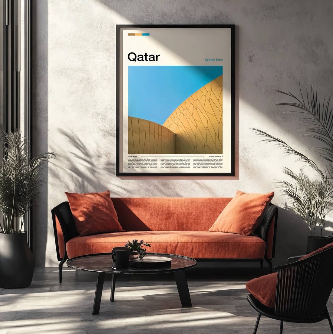 Qatar Curved Golden Facade Travel Print framed on the wall of a modern living room