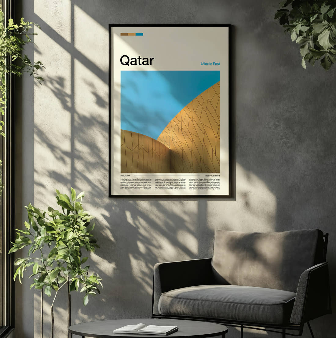 Qatar Curved Golden Facade Travel Print framed on the wall of a relaxed living room