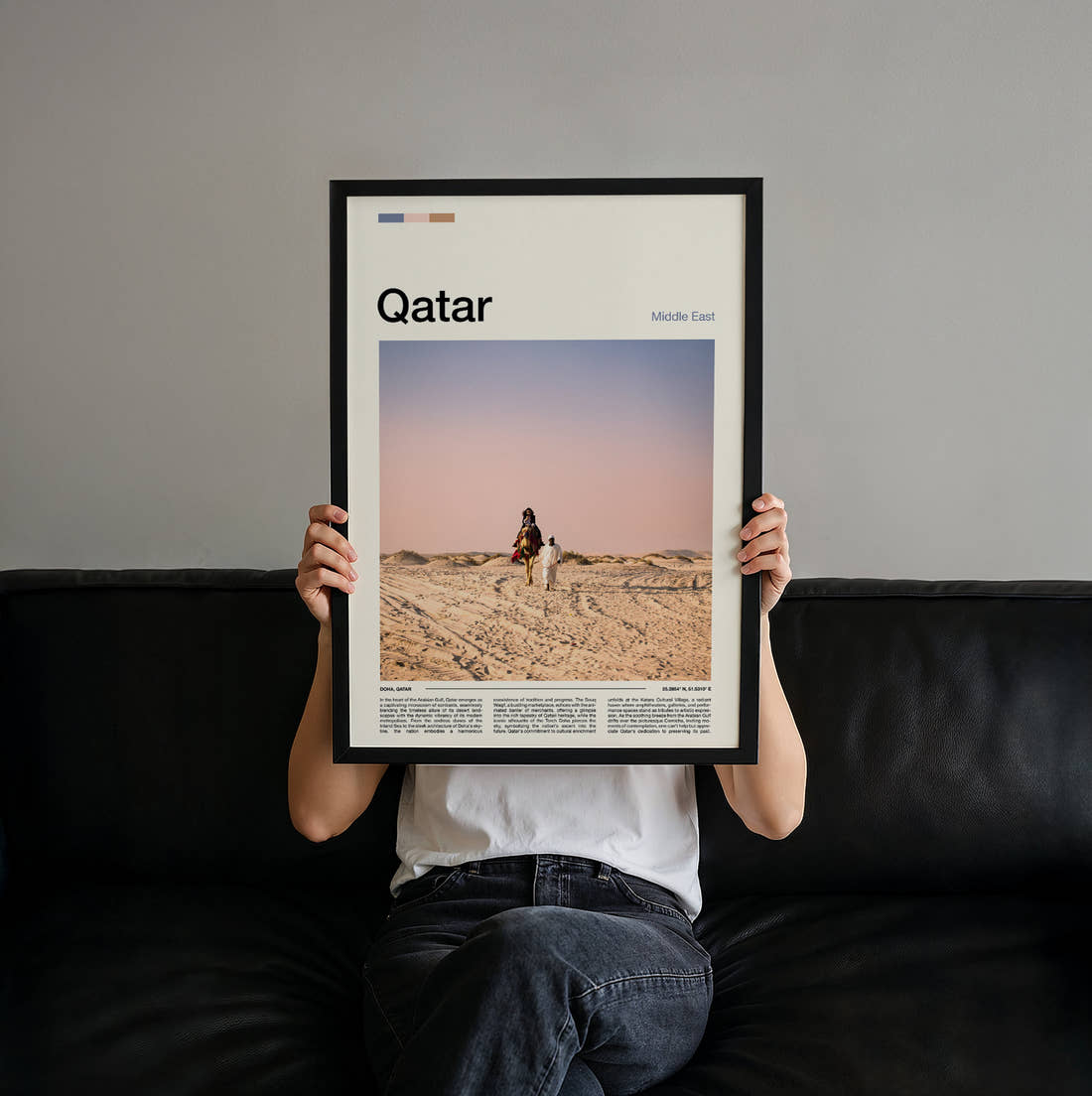 Qatar Camel Rider On Dunes Travel Print held up by hand to show the size of the print