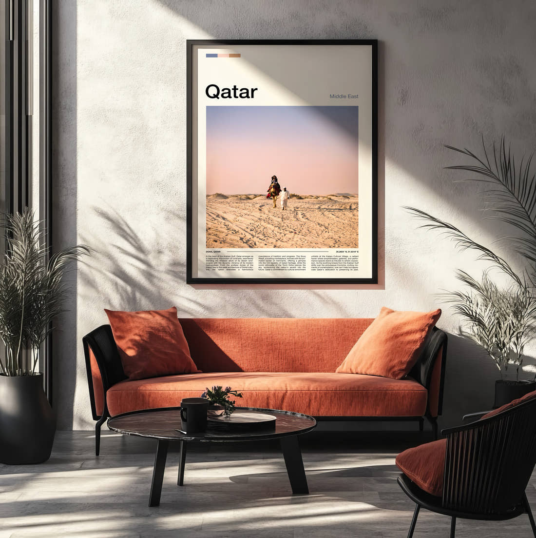 Qatar Camel Rider On Dunes Travel Print framed on the wall of a modern living room
