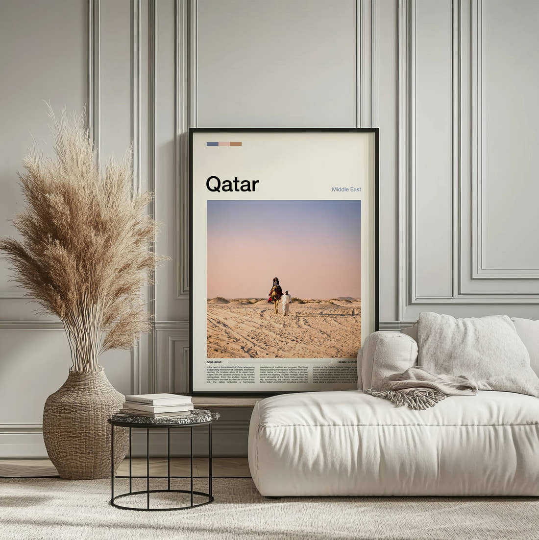 Qatar Camel Rider On Dunes Travel Print framed on the wall of a calm, neutral bedroom