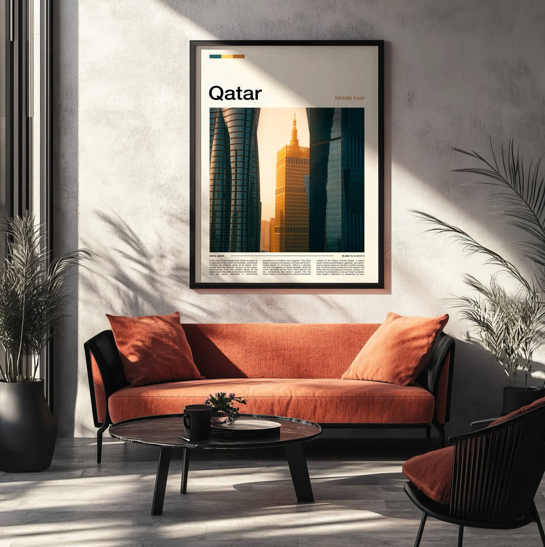 Qatar Golden Skyscraper Travel Print framed on the wall of a modern living room