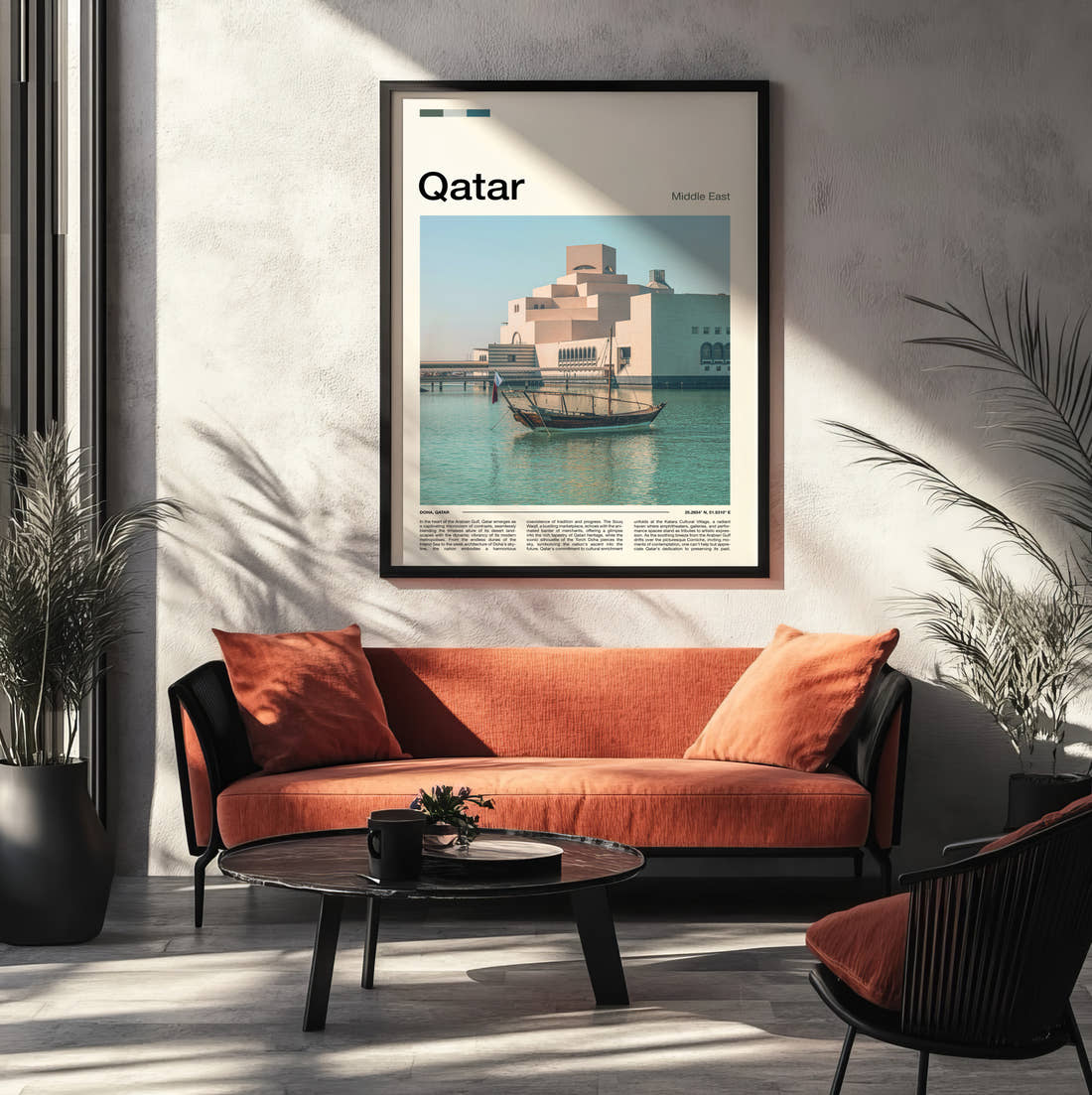 Qatar Museum Of Islamic Art Travel Print framed on the wall of a modern living room