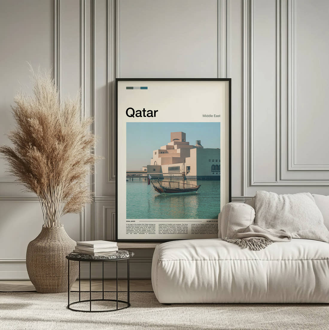 Qatar Museum Of Islamic Art Travel Print framed on the wall of a calm, neutral bedroom