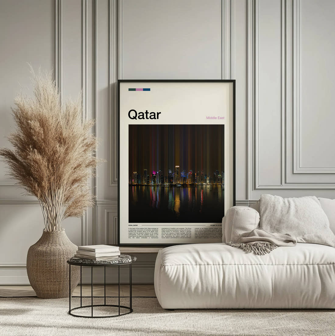 Qatar Skyline Lights Reflected Travel Print framed on the wall of a calm, neutral bedroom