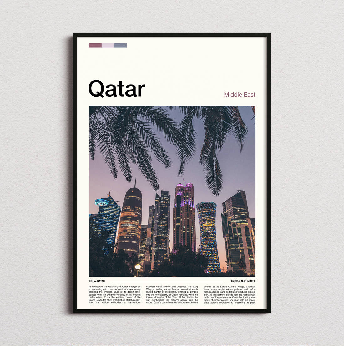 Qatar Skyscrapers And Palm Fronds Travel Print framed and photographed straight on