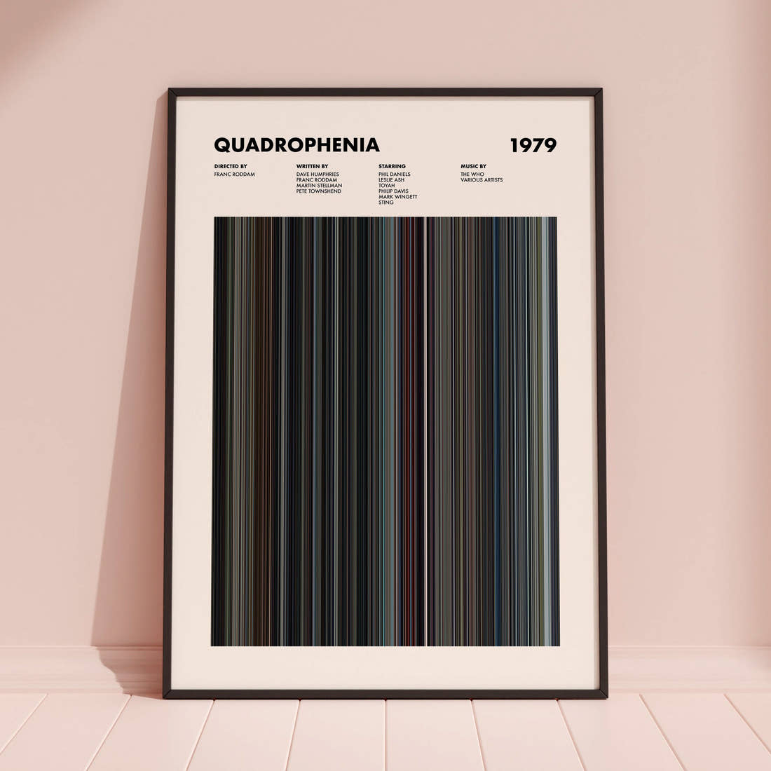 Quadrophenia Movie Barcode Poster framed and leaning against a coloured wall
