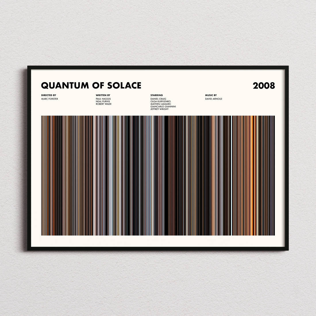 Quantum of Solace Movie Barcode Poster framed and photographed straight on