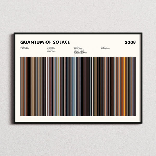 Quantum of Solace Movie Barcode Poster framed and photographed straight on
