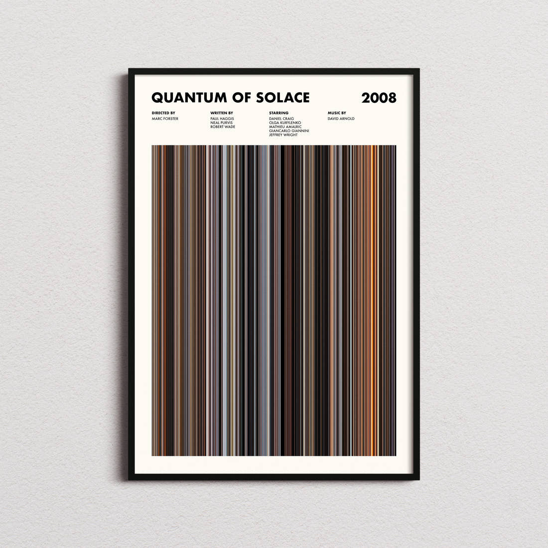 Quantum of Solace Movie Barcode Poster framed on a plain studio wall