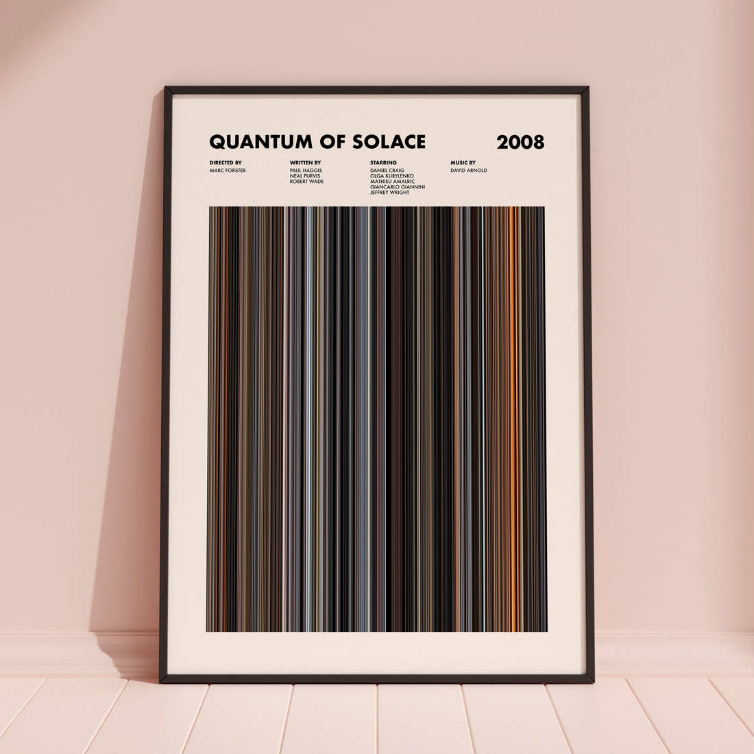 Quantum of Solace Movie Barcode Poster framed and leaning against a coloured wall