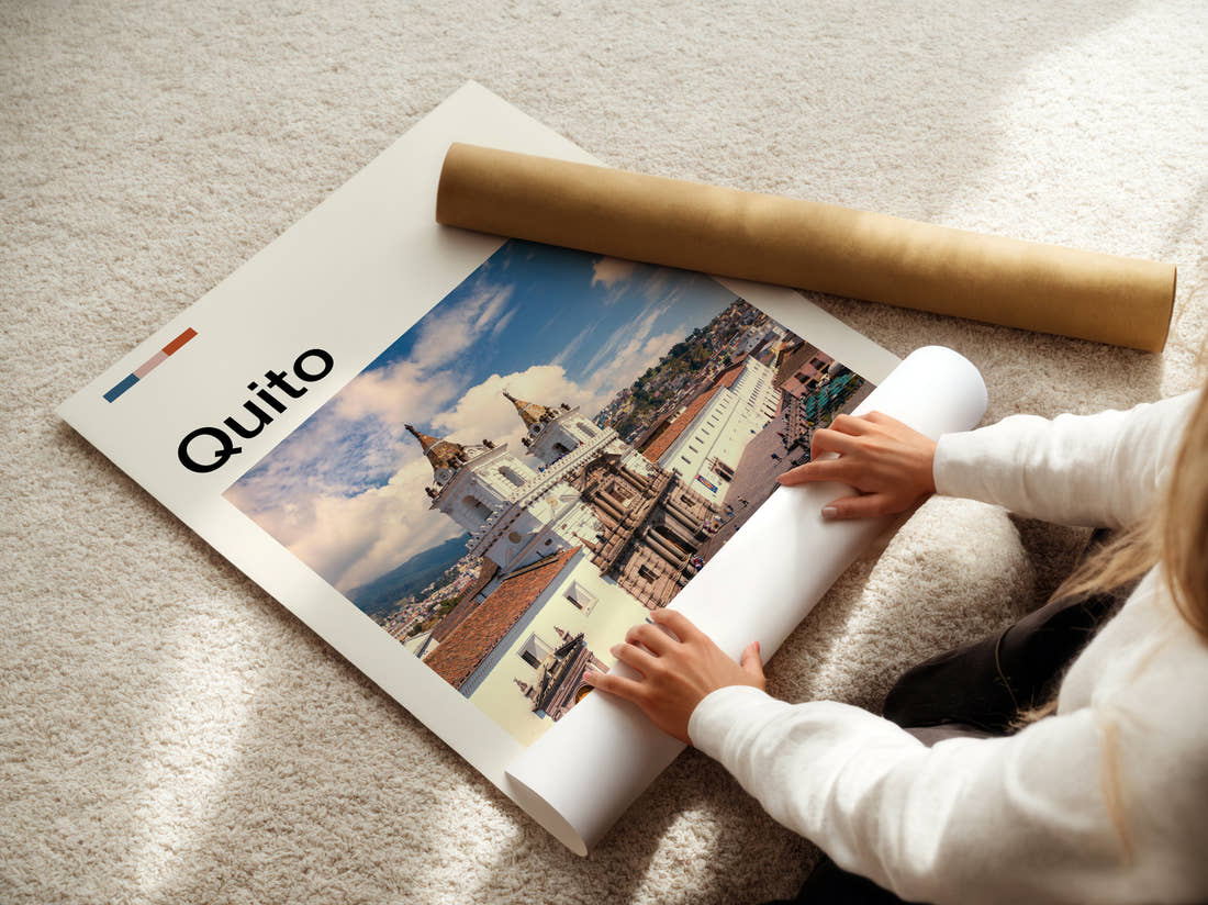 Quito Colonial Church Travel Print being unrolled from its postal tube